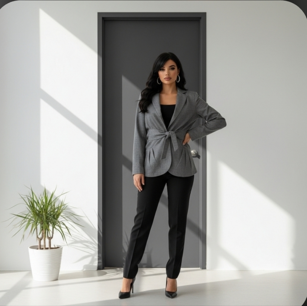 Trulli Elegant Gray Metallic Blazer with Belted Waist Pleated Pockets Size 8P - Picture 10 of 10